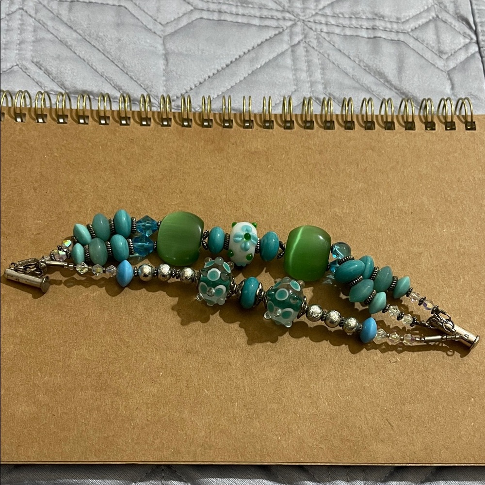 Handmade Three Stand Handmade Lampwork Beads, Green and Blue Beaded Bracelet